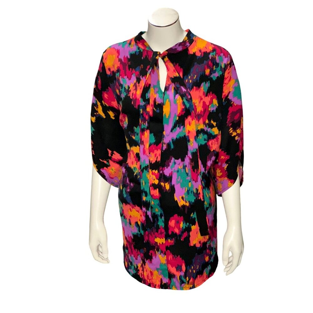 CCC Colorful Casual Boho Abstract Floral Top V Neck Long Sleeve Curved Hem Loose